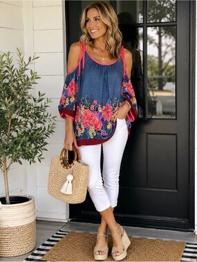 💘 Willa Floral Cold Shoulder Blouse Size Medium | Boho Navy Pink Floral Top
